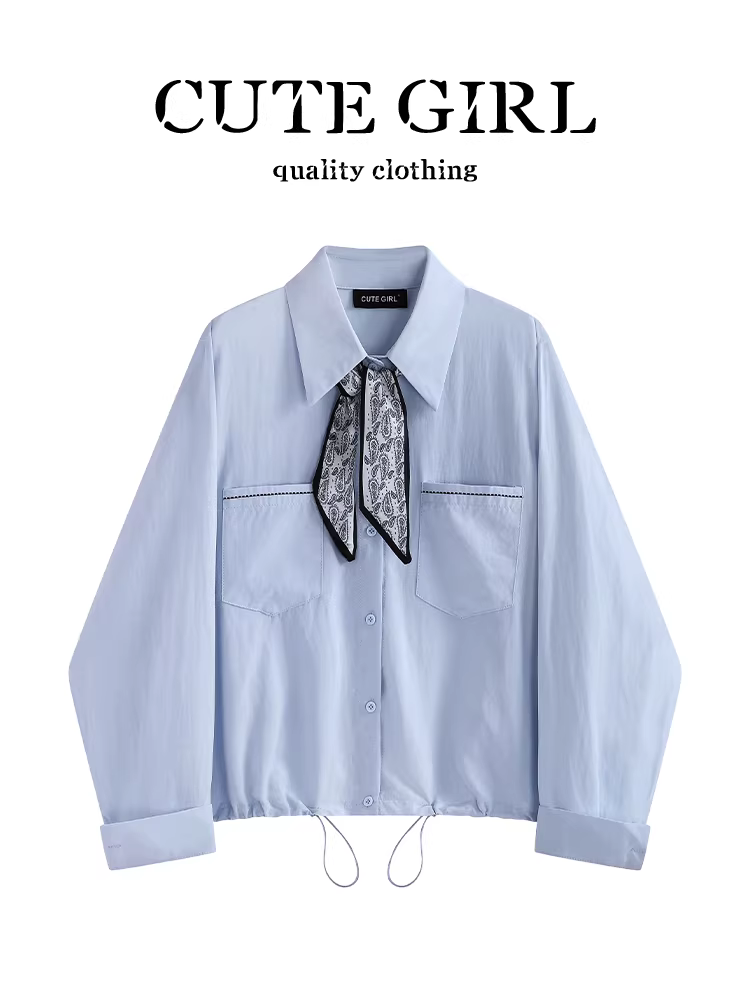 Áo sơ mi cổ polo màu xanh phong cách Hàn Quốc có khăn choàng cổ dành cho nữ, thiết kế mùa thu, áo sơ mi dáng rộng đa năng