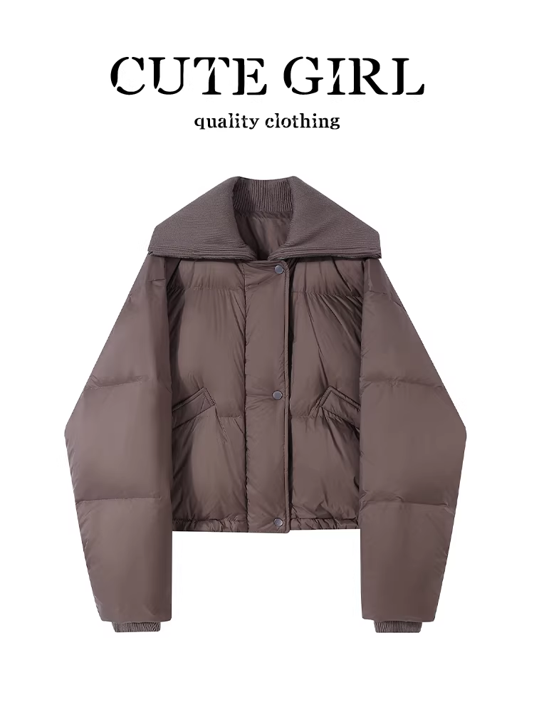 Áo khoác có cổ màu cà phê cổ điển của CuteGirl dành cho nữ, mùa thu đông, áo khoác phao cao cấp, rộng rãi, giản dị, đa năng.