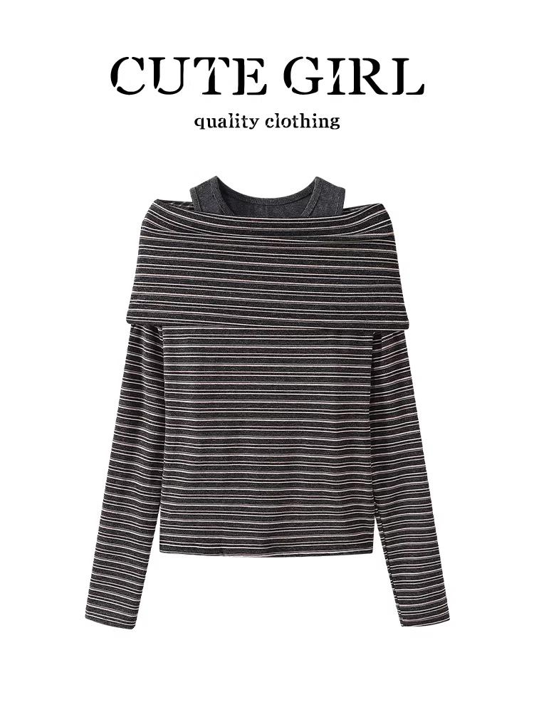 Bộ áo kiểu Hàn Quốc thanh lịch dành cho nữ, áo thun dệt kim dài tay trễ vai mùa thu và áo vest hai mảnh