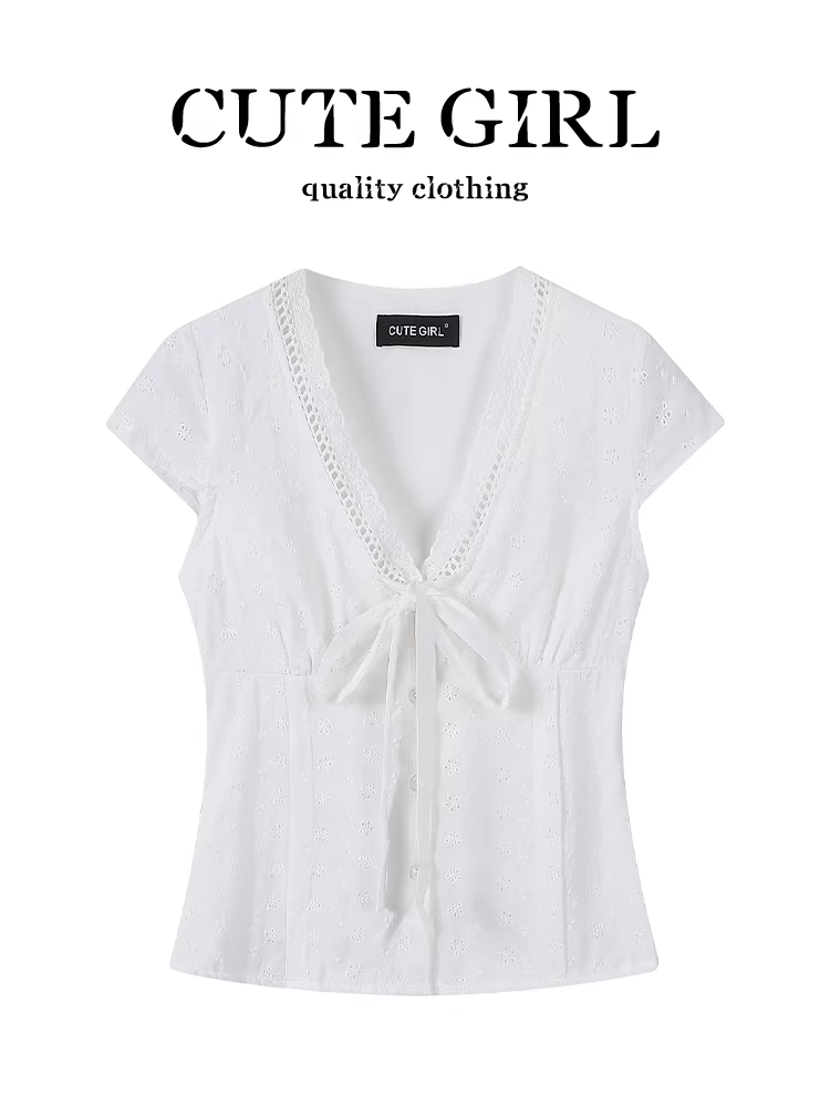 CuteGirl kiểu Pháp nhẹ nhàng phong cách ren cut out cổ chữ V áo sơ mi ngắn tay mùa hè dành cho nữ áo thêu hoa