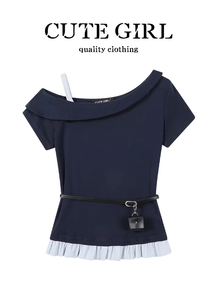 Áo thun ngắn tay giả hai mảnh màu sắc bất đối xứng theo phong cách Pháp của CuteGirl dành cho nữ, áo thun ngắn tay tôn dáng trẻ trung ngọt ngào mùa hè