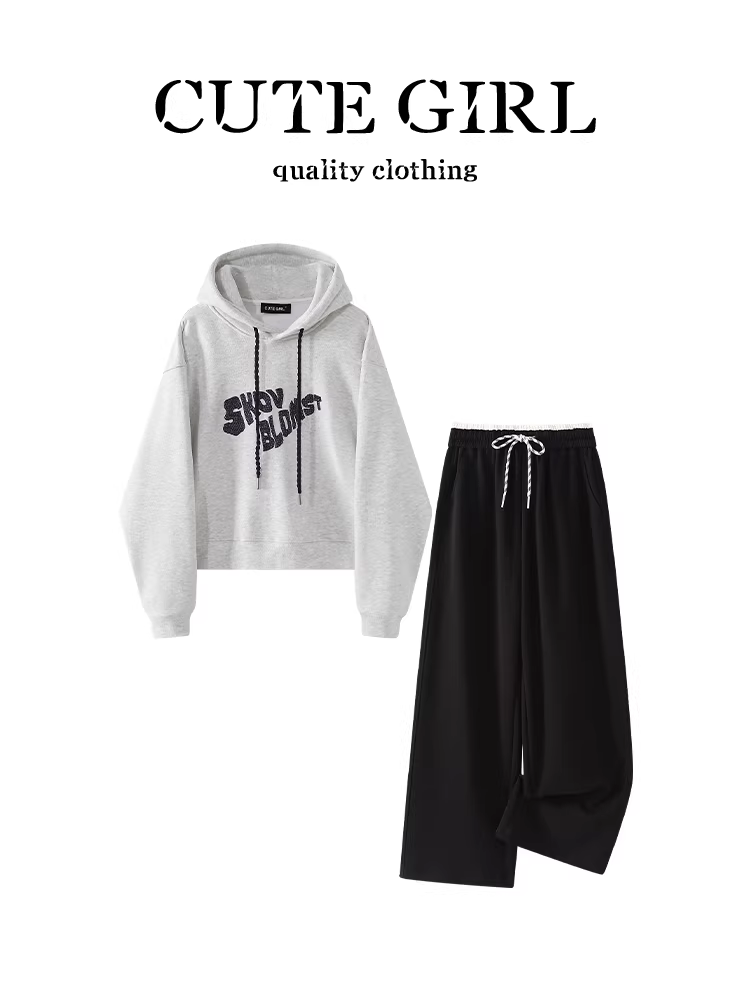 Áo hoodie lót lông cừu in chữ đơn giản phong cách Hàn Quốc dành cho nữ, quần thường ngày phối màu mùa thu, bộ hai món