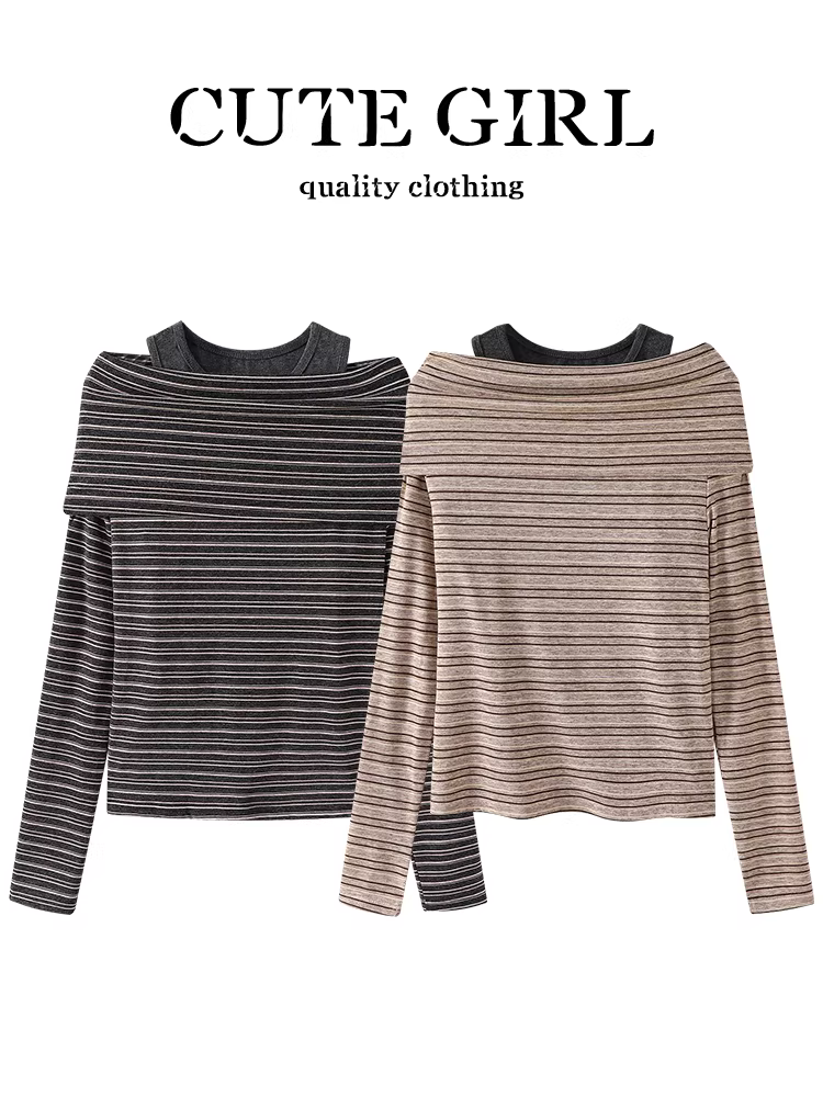 Áo thun dệt kim sọc lệch vai phong cách Hàn Quốc dễ thương, phối cùng áo vest màu xám, bộ hai món dành cho nữ mùa thu.
