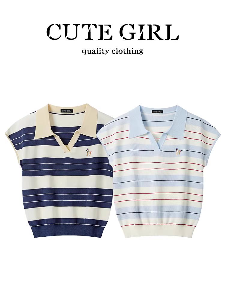 Áo thun sọc ngắn tay phong cách Hàn Quốc dễ thương dành cho nữ, thiết kế mùa hè, đa năng, áo dệt kim giảm tuổi tác