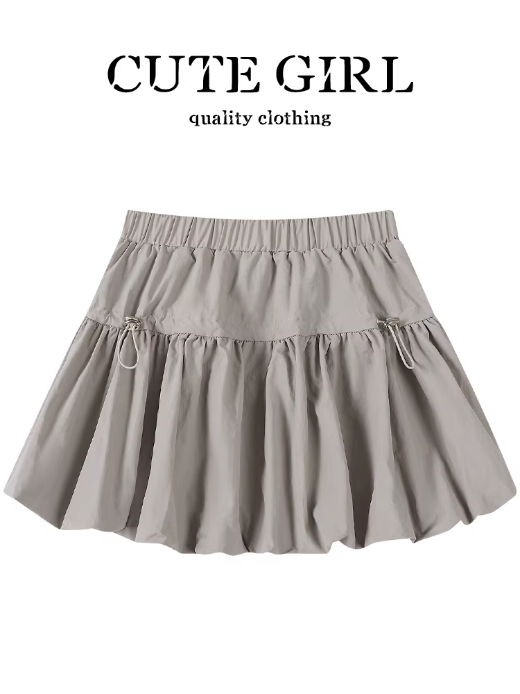 Váy ngắn có dây rút kiểu Hàn Quốc màu xám hoa cúc dành cho nữ, váy ngắn phồng đa năng giảm tuổi tác mùa hè