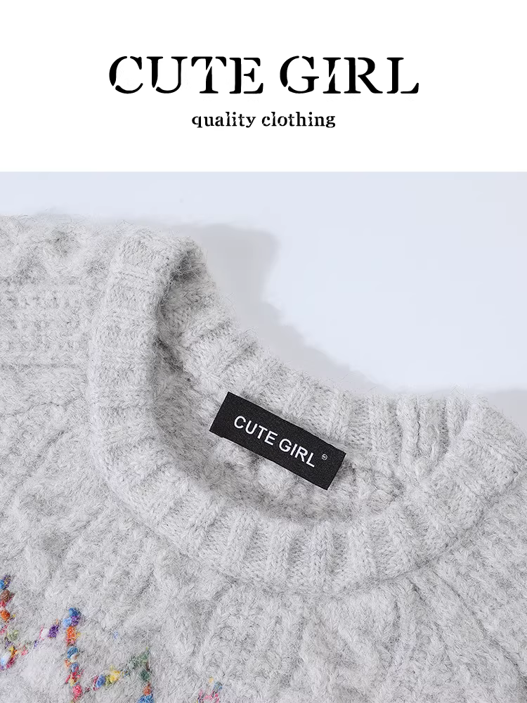 Áo len cổ tròn jacquard phối màu xám phong cách Hàn Quốc dành cho nữ, thiết kế mùa đông, dáng rộng, áo đa năng và độc đáo.