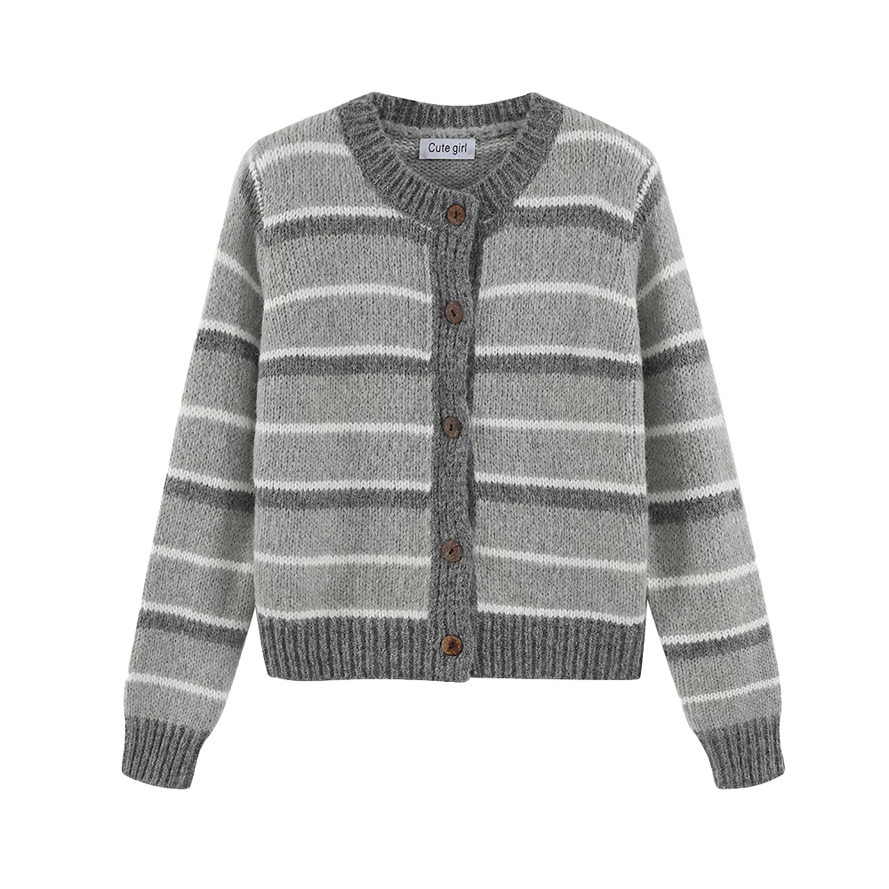Áo len sọc xám phong cách lười biếng CuteGirl dành cho nữ mùa xuân thu 2025, kiểu dáng rộng, áo khoác cardigan dệt kim mới