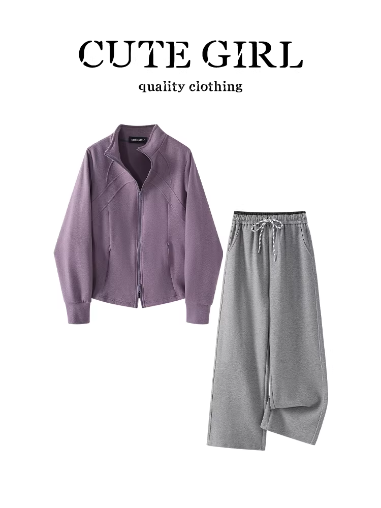 CuteGir mặc một bộ trang phục hoàn chỉnh thanh lịch và phù hợp: áo khoác cổ đứng màu tím và quần âu màu xám, bộ hai mảnh dành cho nữ vào mùa thu.
