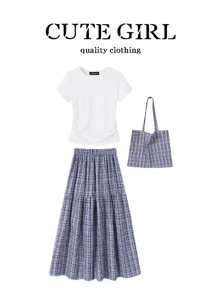 Bộ đồ nhỏ xinh mùa hè dành cho nữ, áo thun ngắn tay màu trắng kiểu preppy, váy kẻ sọc, bộ ba món