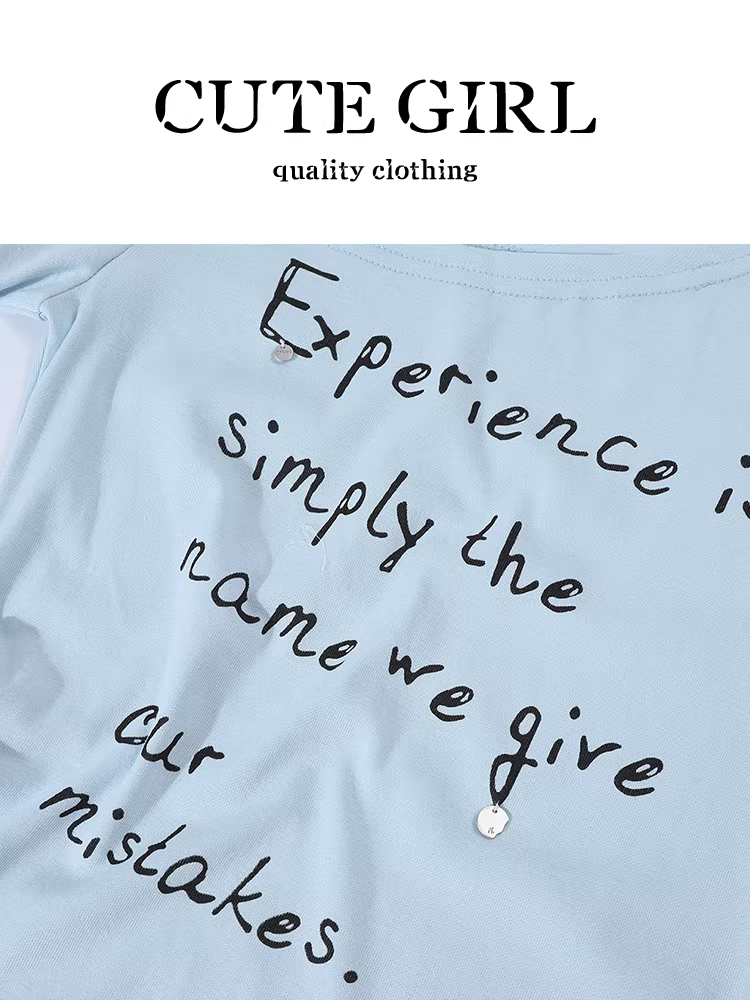 Áo thun ngắn tay lệch vai phong cách Hàn Quốc in chữ màu xanh dành cho nữ mùa hè Áo xếp ly độc đáo ôm eo