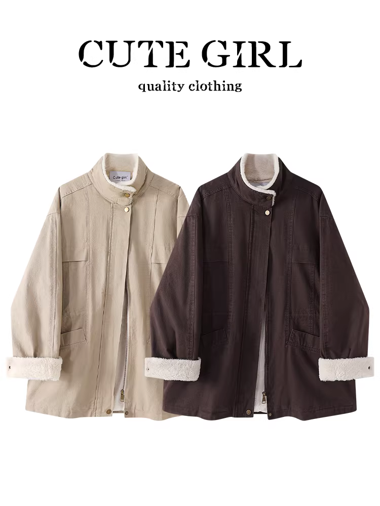 Áo khoác lót lông cừu cổ đứng cổ điển CuteGirl dành cho nữ trong mùa thu đông, áo khoác đa năng dáng rộng, giản dị dành cho người có vóc dáng nhỏ nhắn.