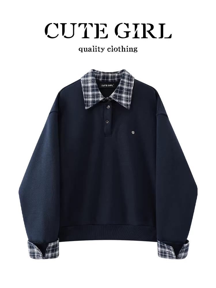 Áo nỉ giả hai mảnh màu xanh hải quân lấy cảm hứng từ thiết kế CuteGirl dành cho nữ, mùa thu đông, cỡ nhỏ, dáng rộng, giản dị, áo đa năng.