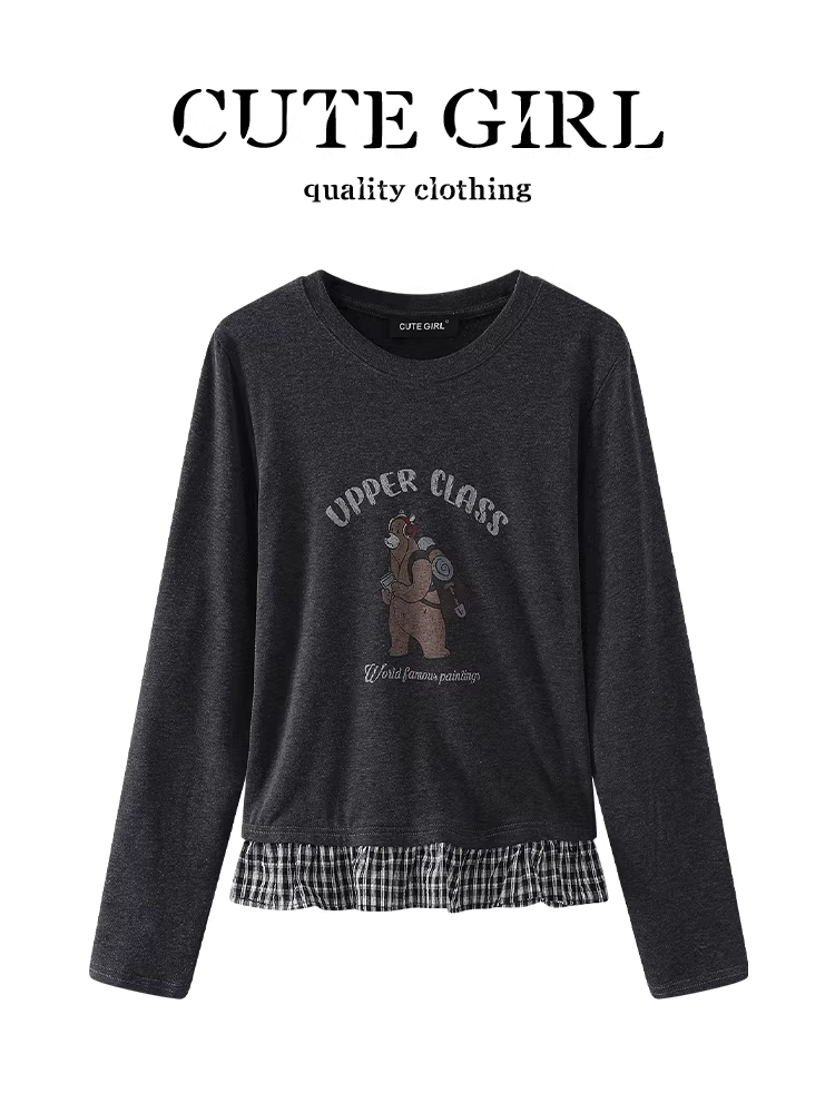 Áo thun dài tay in hình gấu hoạt hình phong cách Hàn Quốc CuteGirl dành cho nữ, áo kiểu dáng rộng mùa thu đông, kiểu dáng đa năng, giảm tuổi tác, phối họa tiết kẻ sọc