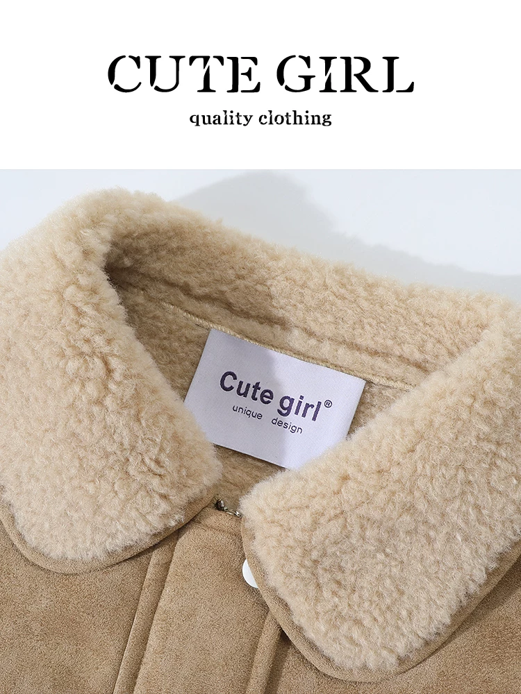Áo khoác tích hợp lông cừu phong cách CuteGirl Barn dành cho nữ, mùa thu đông, dáng nhỏ, dáng rộng, giản dị, áo khoác đa năng