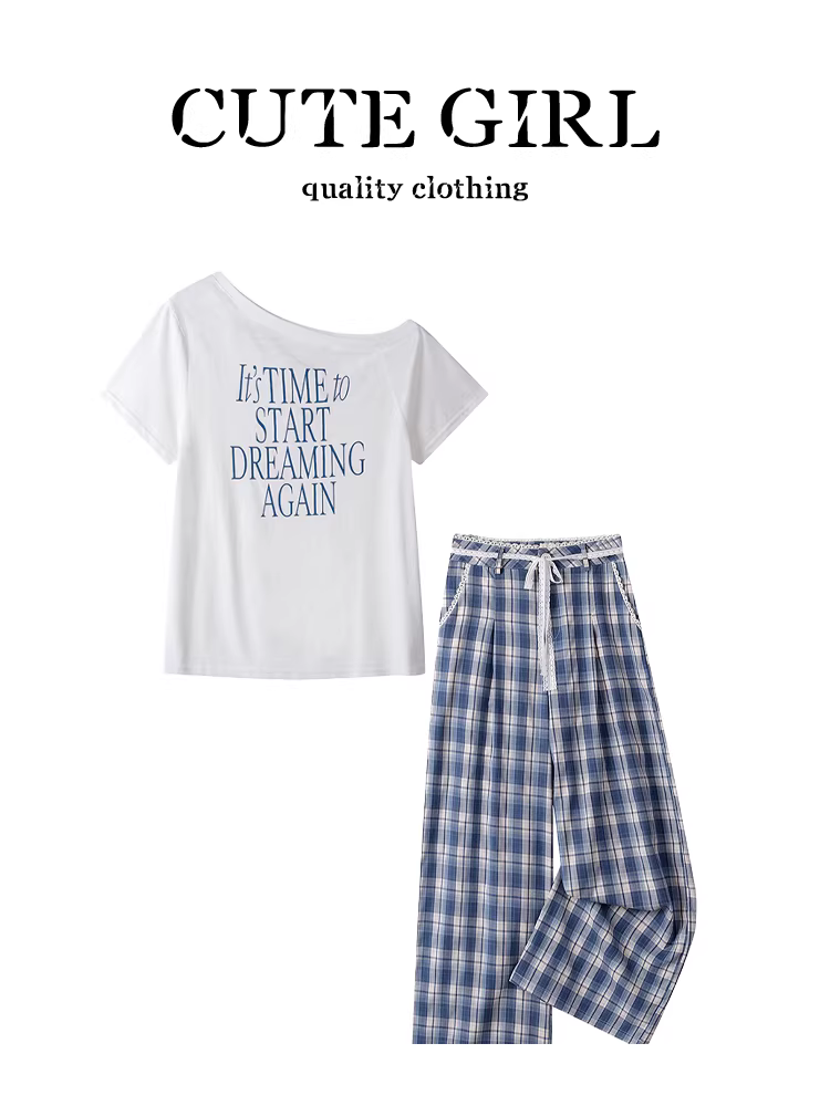 Bộ trang phục mùa hè dễ thương dành cho nữ, áo thun in họa tiết trễ vai, quần ống rộng kẻ sọc lưng cao, bộ hai mảnh