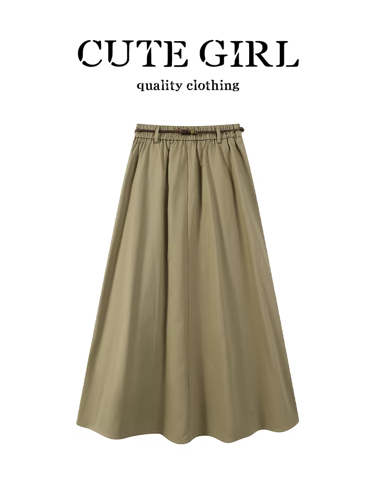Váy eo co giãn màu kaki cổ điển của CuteGirl dành cho nữ, váy xếp ly đa năng eo cao thanh lịch mùa thu