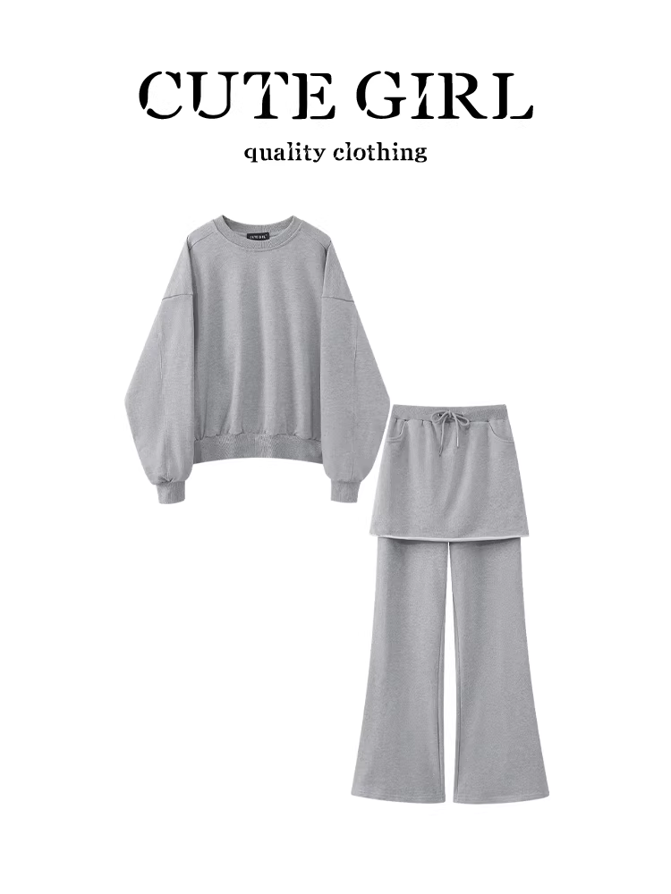 Bộ trang phục đầu thu phong cách Hàn Quốc CuteGirl dành cho nữ, áo len cổ tròn màu xám có dây rút quần dài hai mảnh