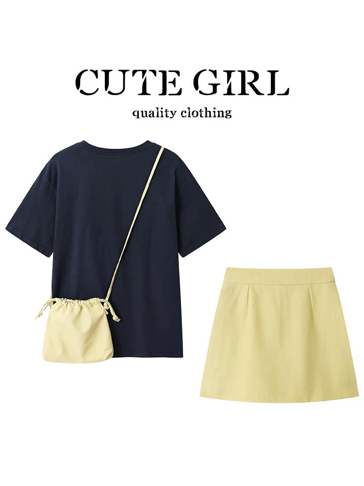 Bộ trang phục giảm tuổi mùa hè của CuteGirl dành cho nữ, áo thun ngắn tay in họa tiết đơn giản, váy chữ A, bộ hai mảnh