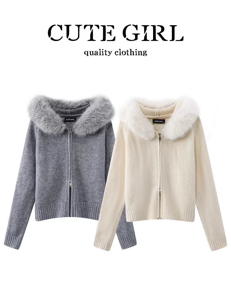 Áo len dệt kim cổ lông màu yến mạch phong cách lười biếng của CuteGirl dành cho nữ, thiết kế mùa thu đông, dáng rộng và đa năng, áo khoác giảm tuổi tác