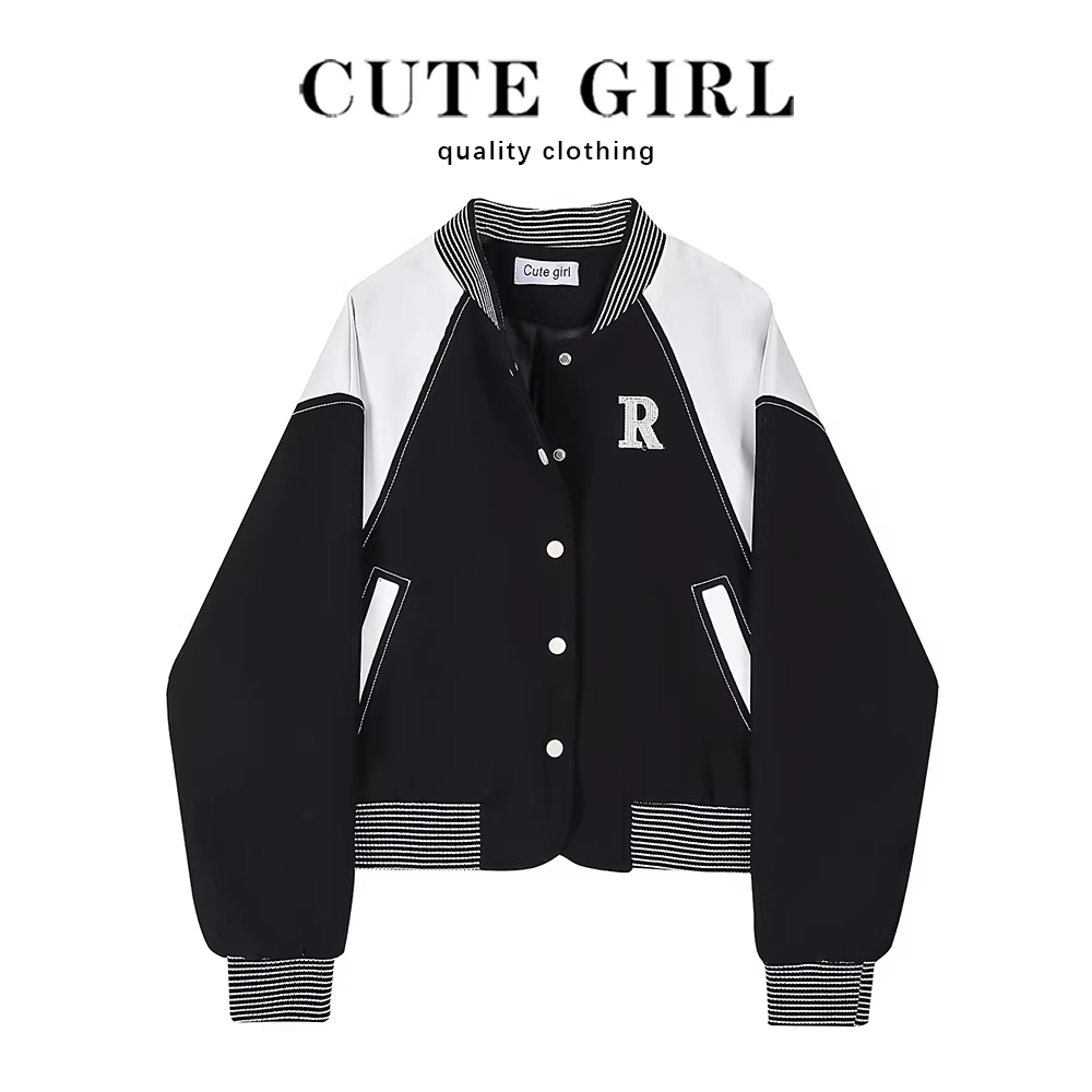 Áo khoác bóng chày phối màu đen trắng tương phản CuteGirl dành cho nữ, áo khoác phi công mới mùa thu đông 2025