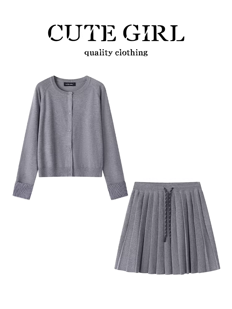 Bộ trang phục đầu thu phong cách Hàn Quốc CuteGirl dành cho nữ, áo dệt kim cổ tròn màu xám và váy chữ A, bộ hai mảnh giảm tuổi tác