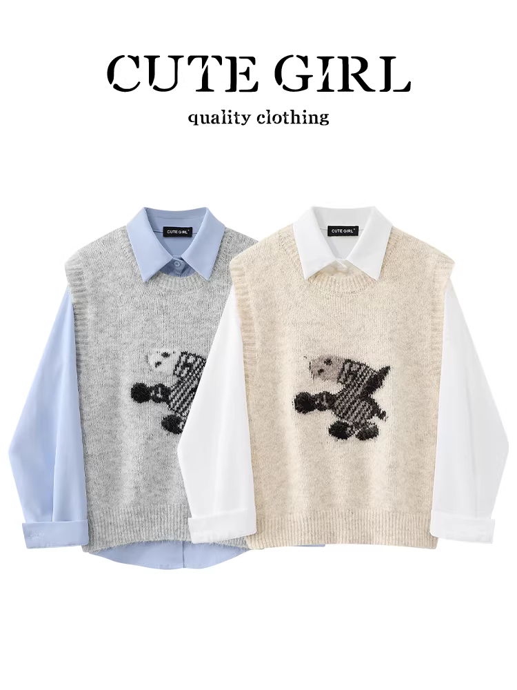 CuteGirl phong cách Hàn Quốc sang trọng Bộ vest dệt kim hoa quả màu mơ mùa thu và áo sơ mi dài tay màu trắng dành cho nữ