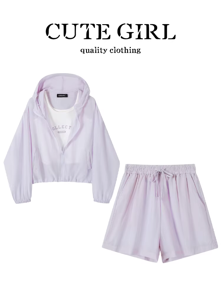 CuteGirl phong cách Hàn Quốc lười biếng sang trọng phù hợp cho phụ nữ mùa hè màu tím có mũ trùm đầu chống nắng áo sơ mi in hình vest quần short bộ ba món