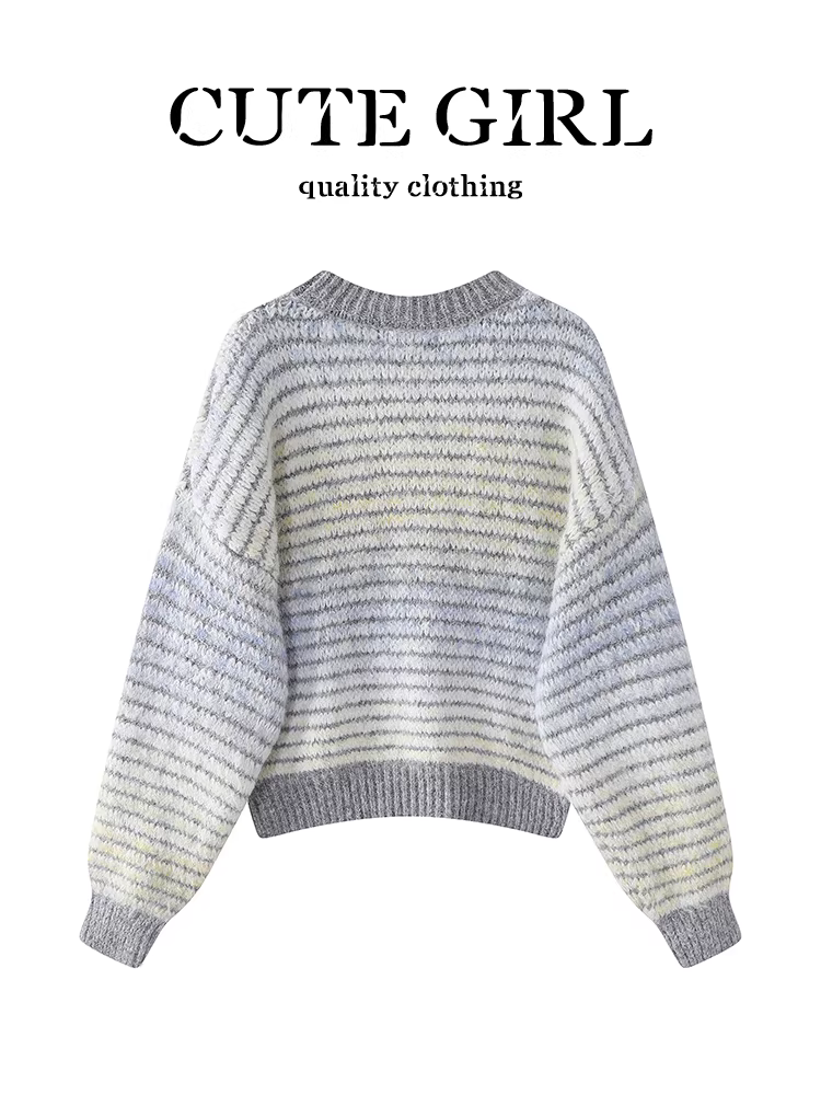 Áo len cổ tròn sọc gradient phong cách Hàn Quốc dành cho nữ, thiết kế thu đông, dáng rộng, giản dị, đa năng, giảm tuổi tác