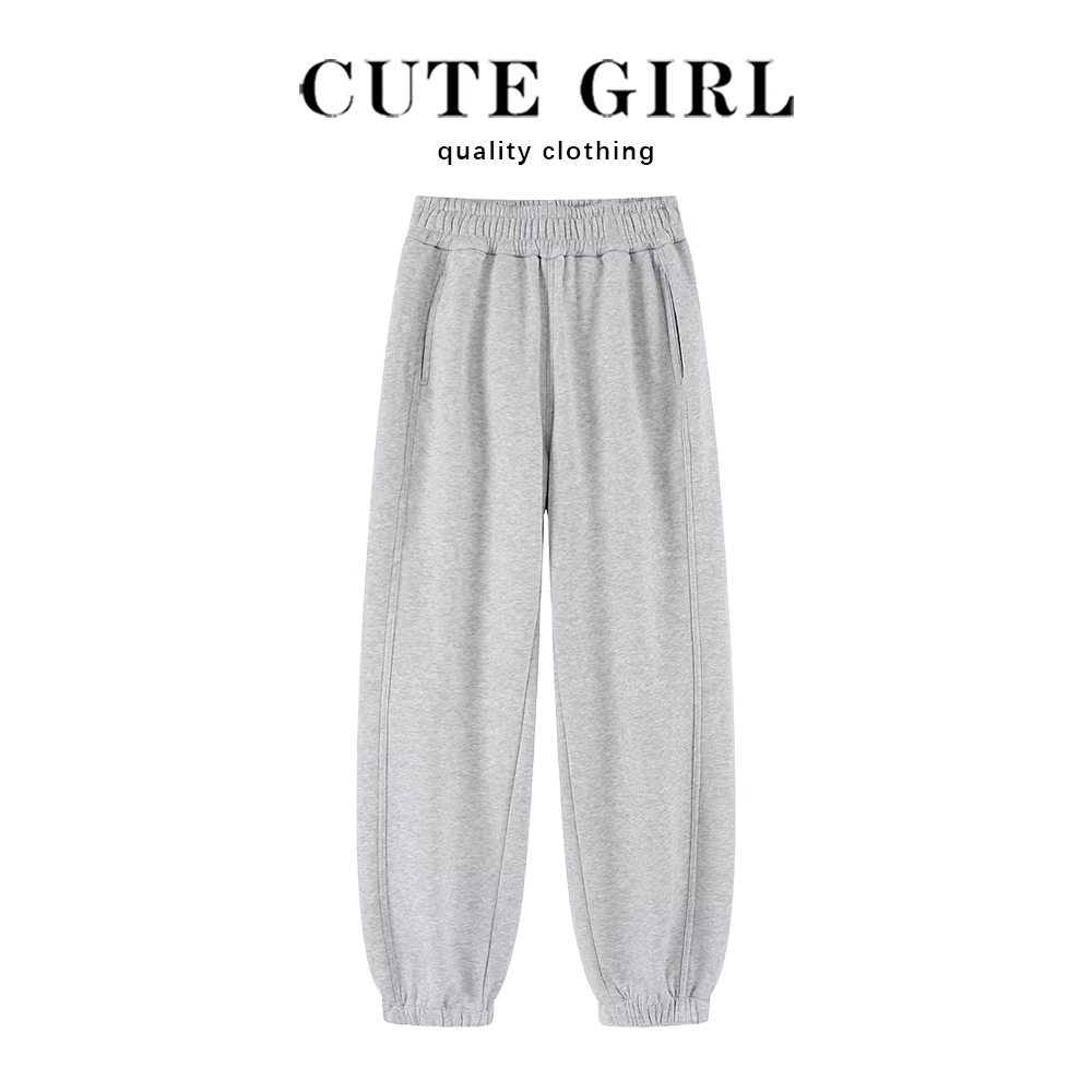 Quần thể thao thường ngày lót lông màu xám CuteGirl dành cho nữ, phong cách mới xuân thu 2024, cỡ nhỏ, quần thể thao ống rộng kiểu jogger, hợp thời trang