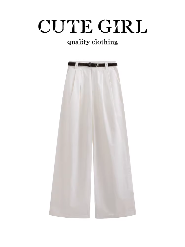 Quần ống rộng màu trắng đơn giản phong cách Hàn Quốc dành cho nữ, quần ống rộng dáng suông đa năng cạp cao mùa thu