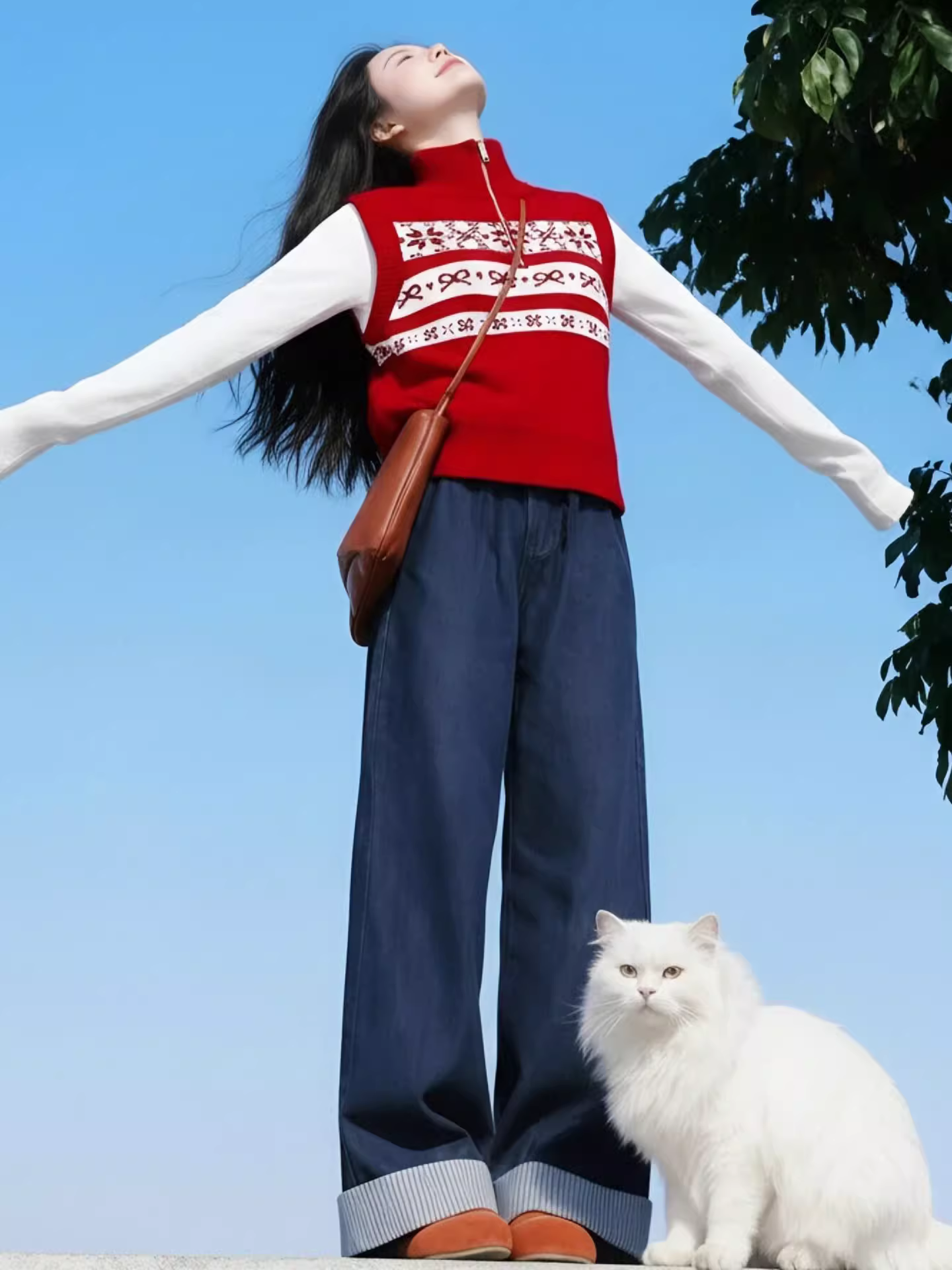 Áo len dệt kim màu đỏ phong cách Giáng sinh kiểu Hàn Quốc dành cho nữ, áo len phối lớp đa năng thời trang mùa thu đông.