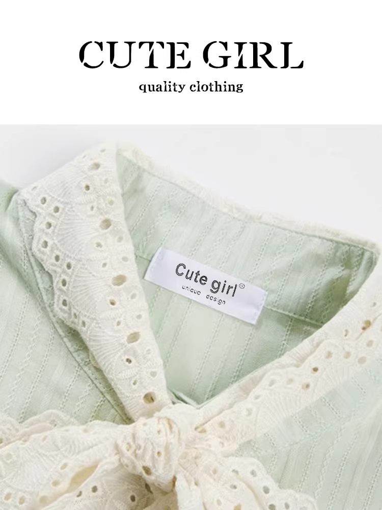 Áo sơ mi sọc dài tay phối ren phong cách Pháp dễ thương dành cho nữ, mùa xuân, áo sơ mi ngọt ngào và thanh lịch.