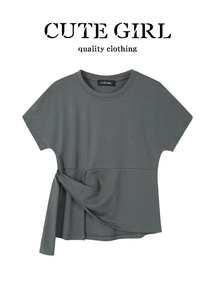 Áo thun ngắn tay thắt eo không đều kiểu Hàn Quốc CuteGirl dành cho nữ, áo thun ngắn tay đa năng hợp thời trang mùa hè, giảm tuổi tác khi đi làm