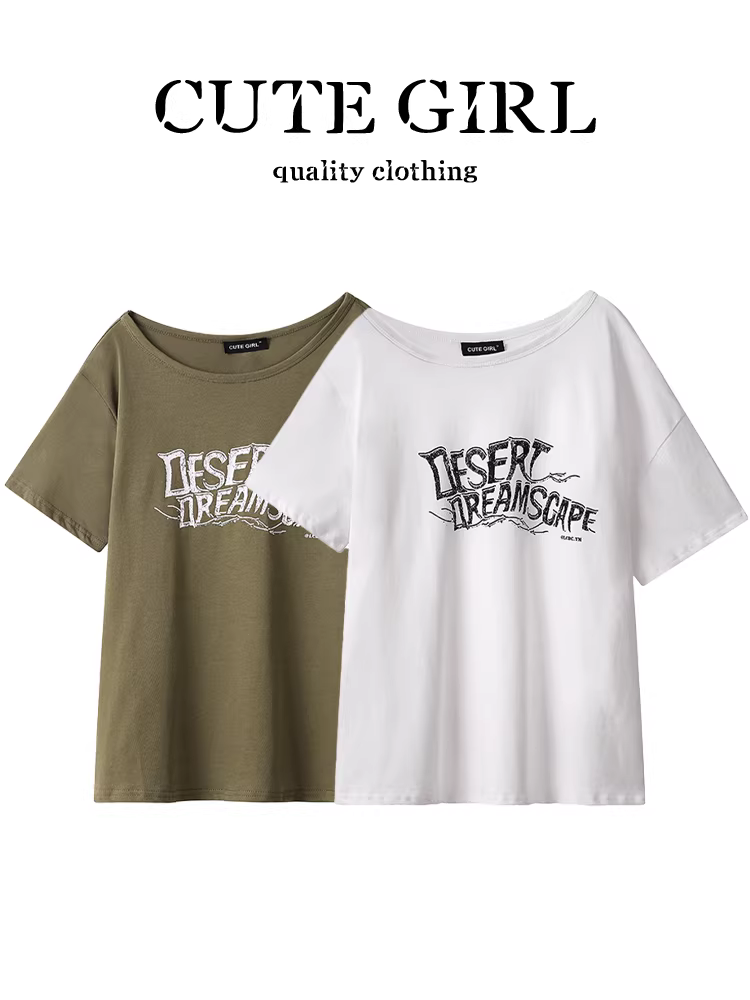 Áo thun ngắn tay trễ vai phong cách hot girl Mỹ dễ thương dành cho nữ mùa hè in chữ áo trễ vai