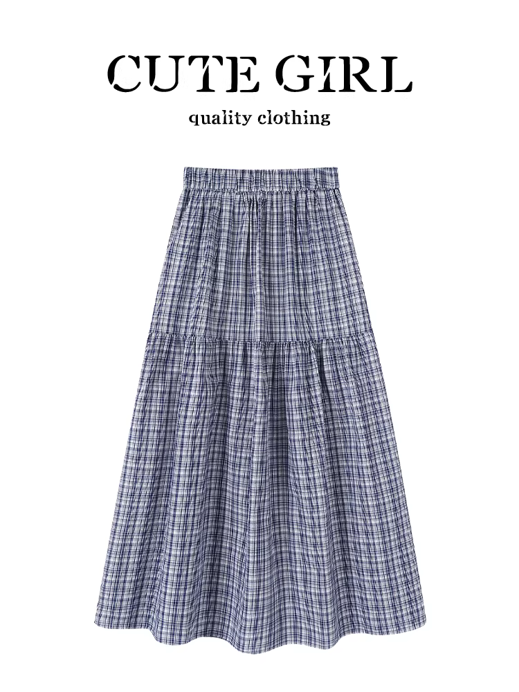 CuteGirl Hàn Quốc kiểu cổ điển lưng thun váy kẻ sọc xanh nữ mùa hè thanh lịch dáng dài dáng chữ A váy dài dáng chữ A