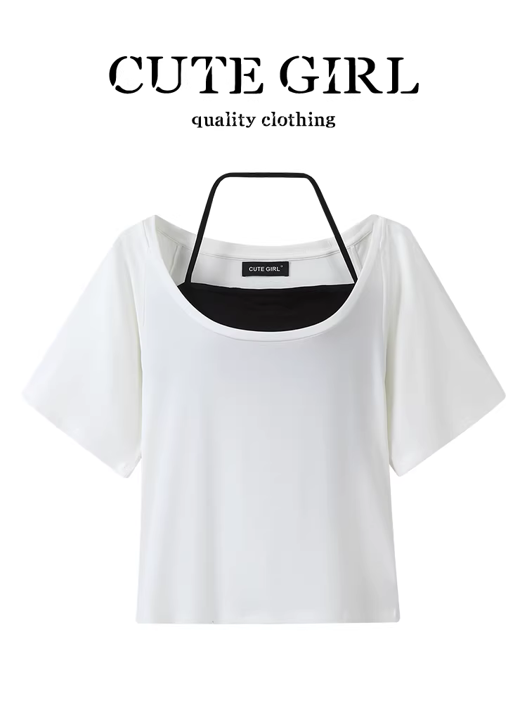 CuteGirl phong cách Hàn Quốc ngọt ngào và cay cay Áo thun ngắn tay màu trắng đơn giản dành cho nữ mặc mùa hè bên trong áo hai dây cổ yếm bộ hai món