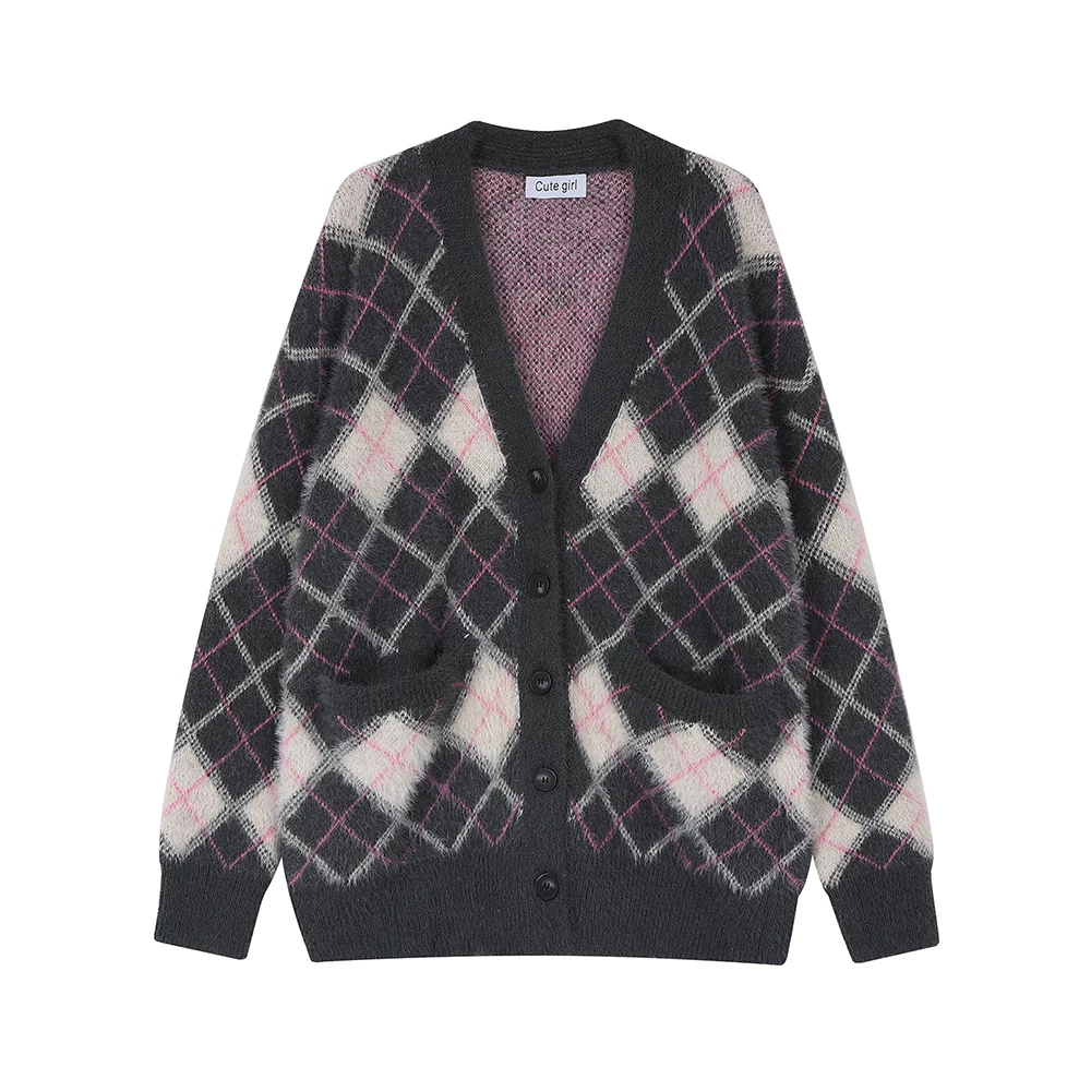 Áo khoác cardigan dệt kim CuteGirl, phong cách lười biếng, áo len mohair kẻ sọc mềm mại và mượt mà dành cho nữ, phong cách mới mùa xuân và mùa thu 2025