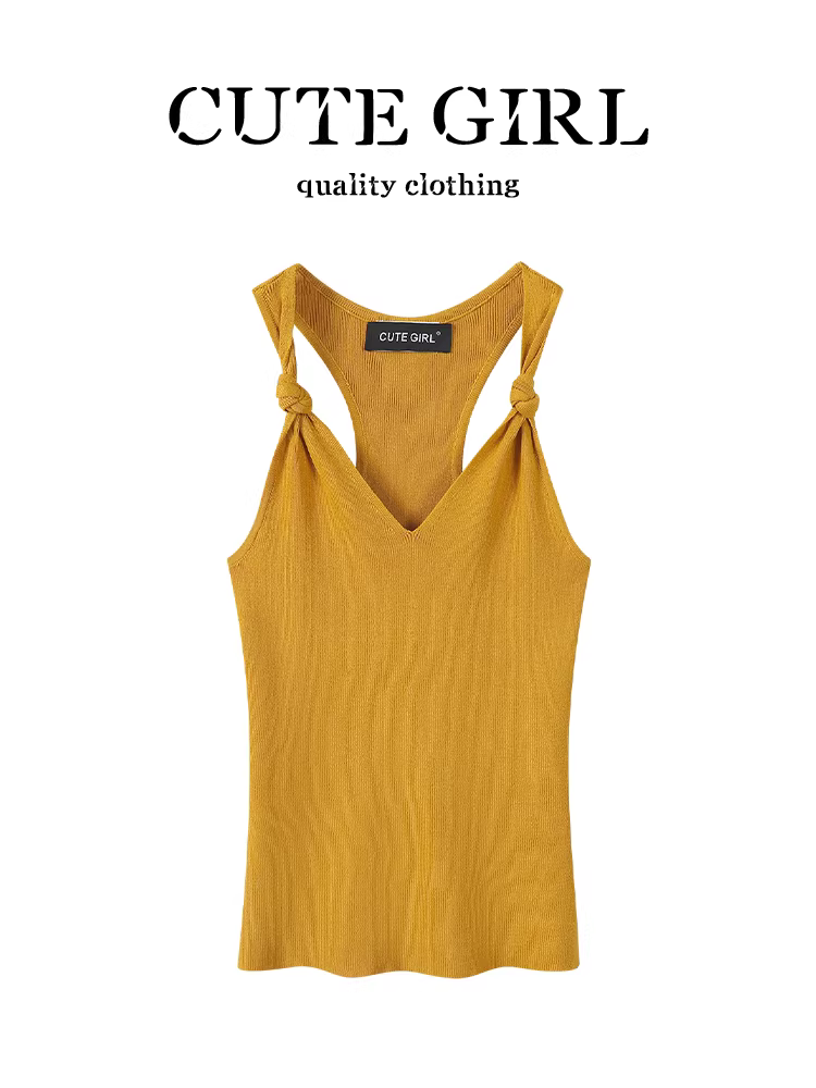 Áo vest không tay dệt kim xoắn màu vàng phong cách Mỹ dành cho nữ, kiểu dáng ôm sát mùa hè, áo đa năng và độc đáo