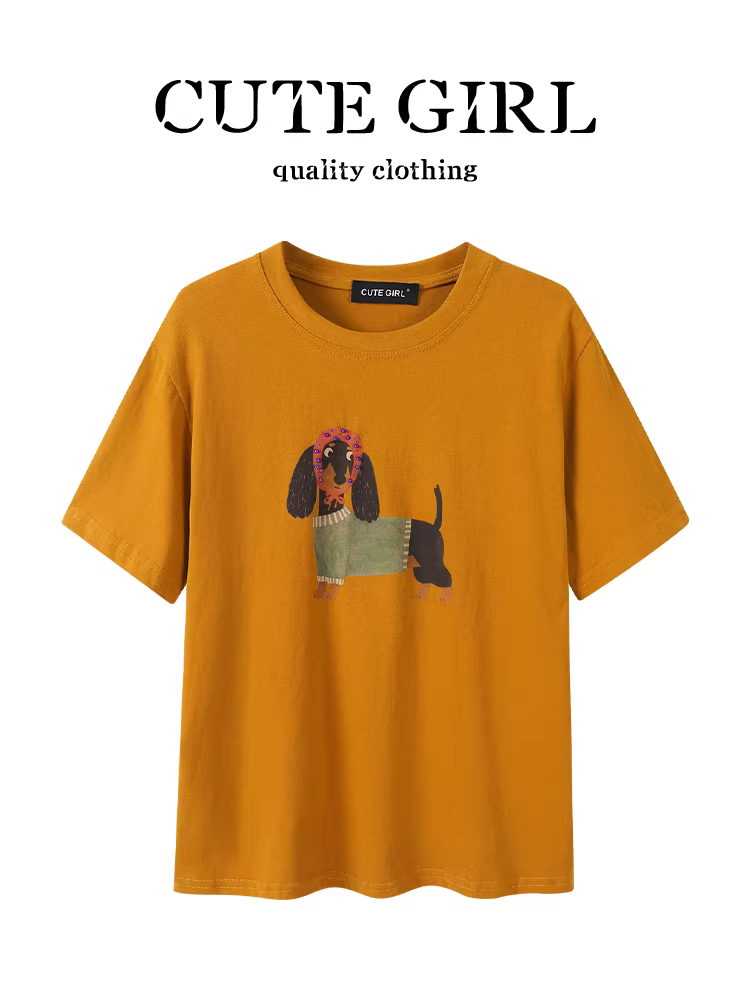 Áo thun ngắn tay cổ tròn thêu màu cam phong cách Hàn Quốc dành cho nữ, thiết kế mùa hè, áo dáng rộng, giản dị và đa năng