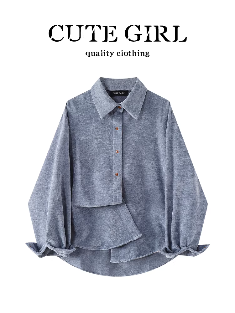 Áo sơ mi nhung nhung màu xanh lam phong cách Hàn Quốc của CuteGirl dành cho nữ, áo sơ mi dáng rộng, đa năng, thích hợp mặc nhiều lớp cho mùa thu đông.
