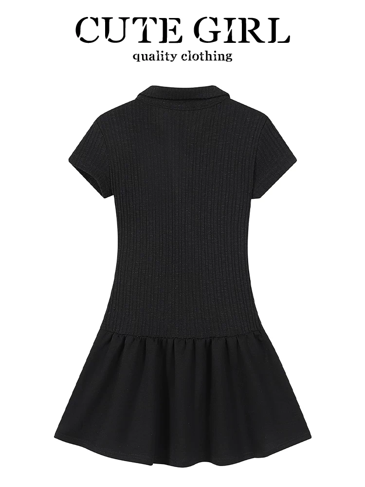 CuteGirl phong cách Hàn Quốc preppy trẻ trung váy dệt kim chắp vá eo thon gọn mùa hè dành cho nữ cổ polo váy ngắn giảm béo