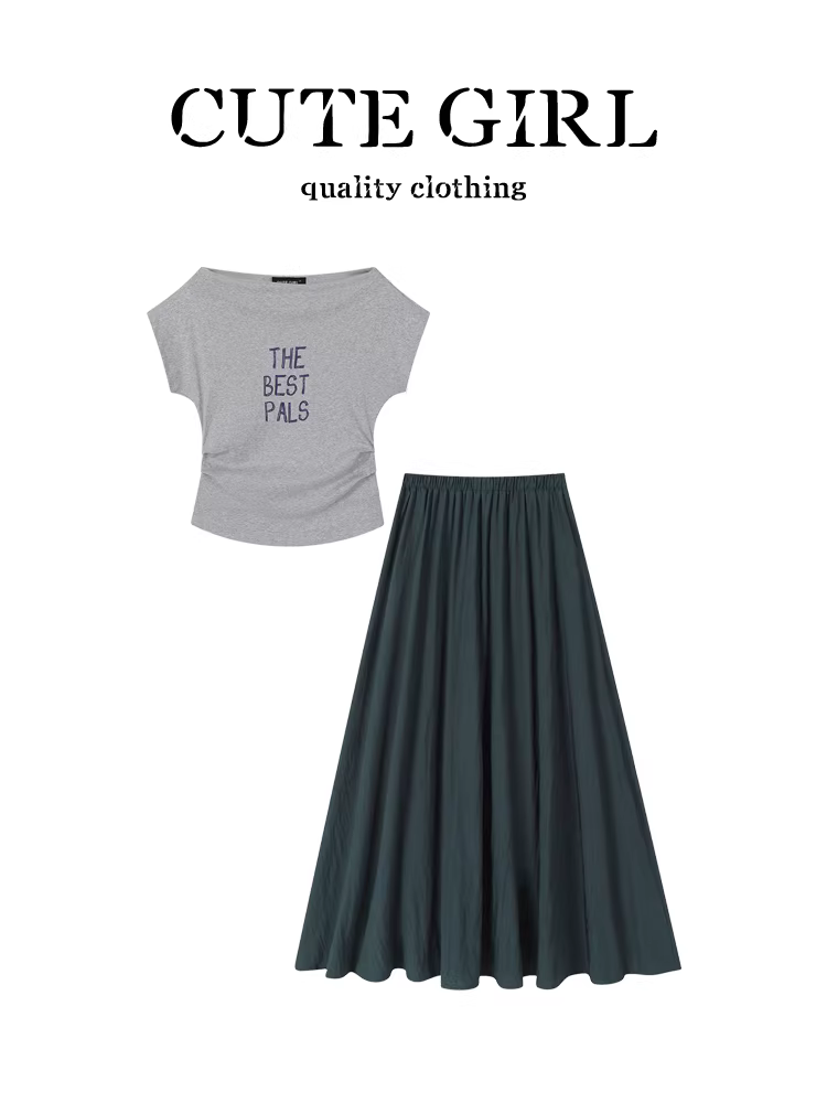 Bộ đồ mùa hè độc đáo và xinh đẹp của CuteGirl dành cho nữ, áo thun ngắn tay một vai, váy lưng thun, bộ hai mảnh