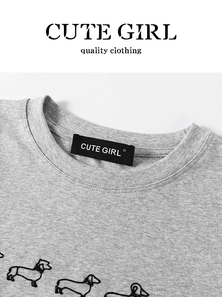 CuteGirl thời trang Hàn Quốc thêu hình chó màu xám cổ tròn thường xuyên áo thun ngắn tay dành cho nữ mùa hè trang phục đi làm áo giảm tuổi tác