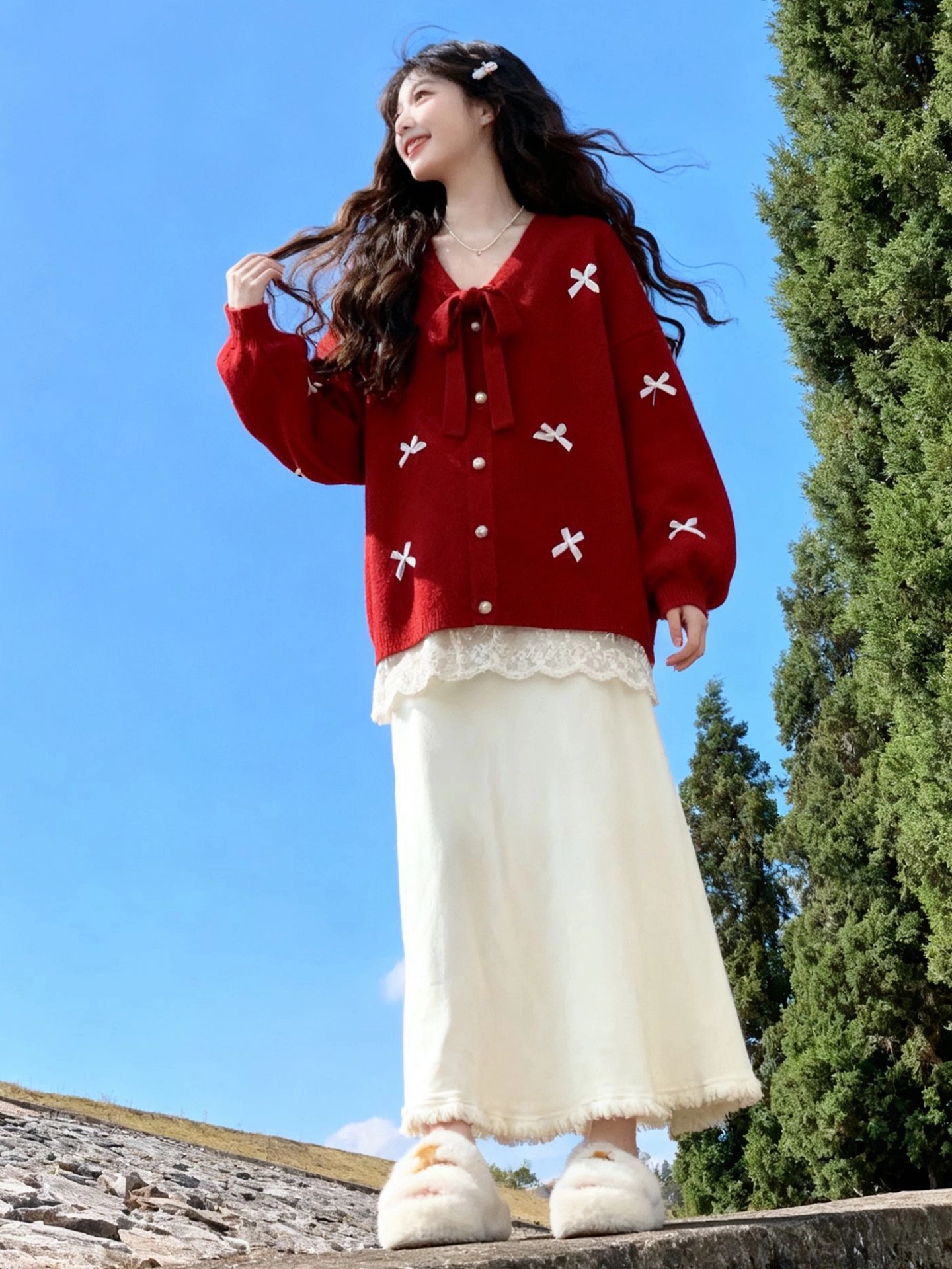 Áo len cardigan giả hai mảnh màu đỏ lấy cảm hứng từ thiết kế CuteGirl dành cho nữ áo khoác dệt kim có nút thắt nơ đầu xuân