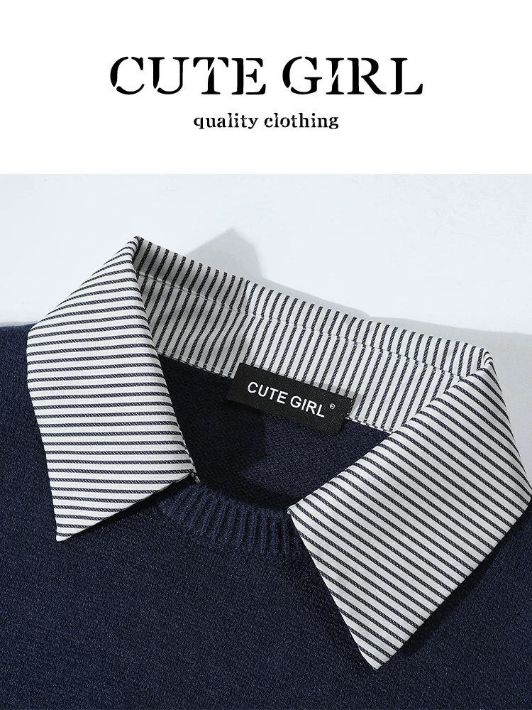 Áo vest dệt kim phong cách preppy của CuteGirl với áo sơ mi sọc chắp vá, áo hai mảnh giả mùa thu đông dành cho nữ giảm tuổi tác
