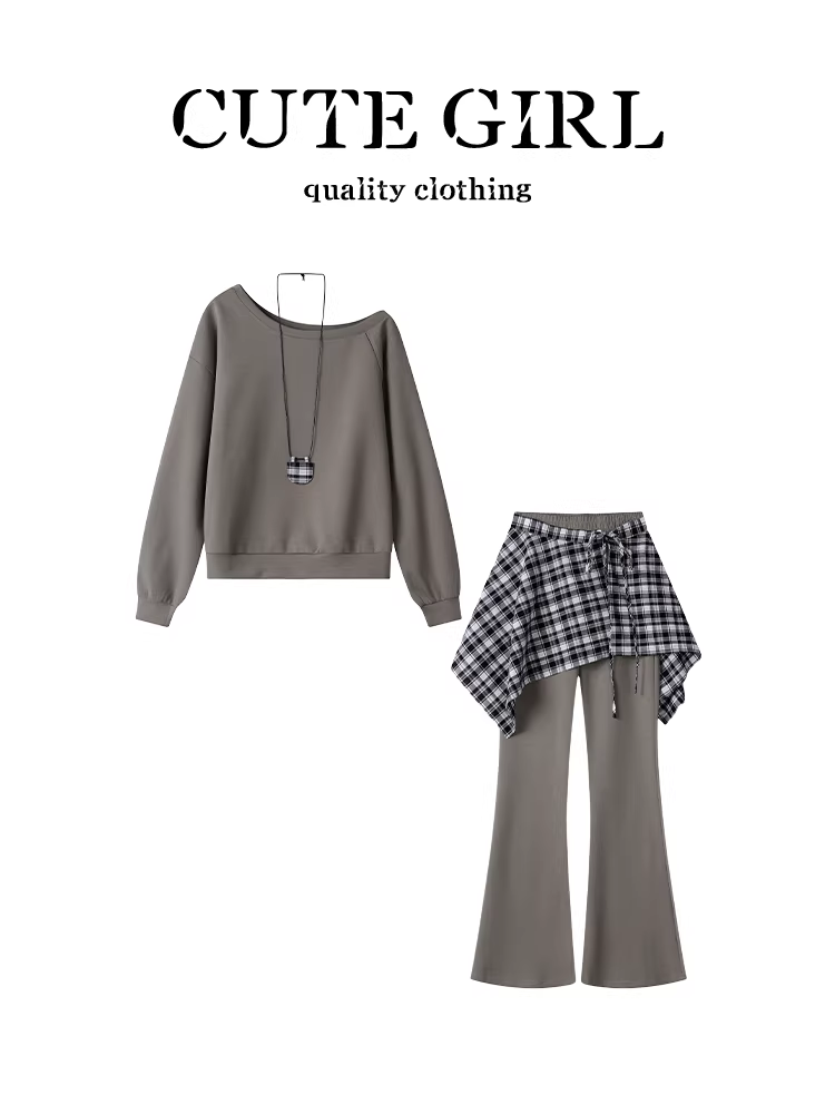Trang phục phong cách thoải mái của CuteGirl: một bộ áo len trễ vai ôm sát dáng suông đầu thu với quần ống loe, bộ hai mảnh.