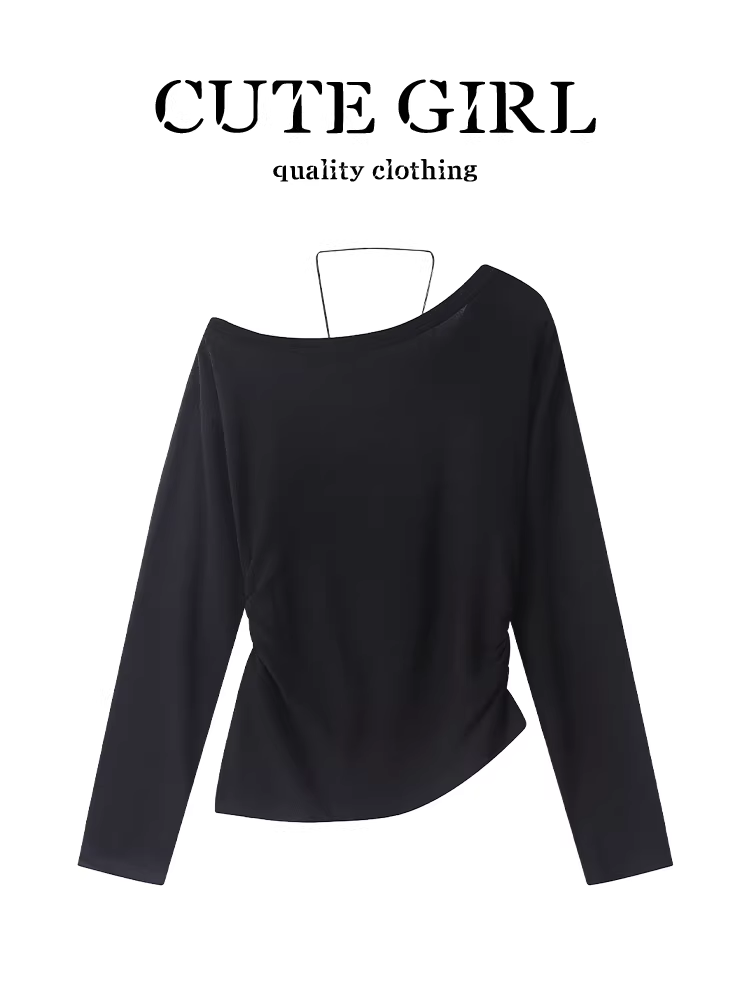 Áo thun dài tay lệch vai kiểu Hàn Quốc màu đen kiểu dáng Hàn Quốc dành cho nữ, thiết kế mùa thu, dáng rộng, tôn dáng, áo đa năng