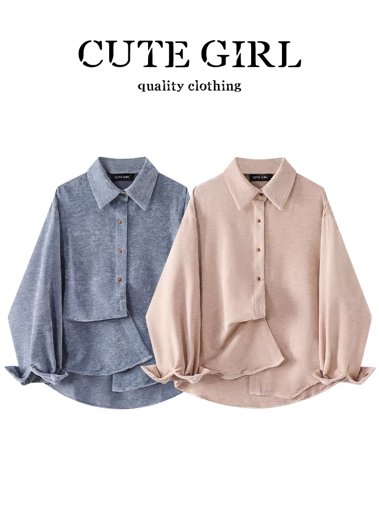 Áo sơ mi nhung nhung màu mơ phong cách Pháp CuteGirl dành cho nữ trong mùa thu đông, áo sơ mi dáng rộng, giản dị, đa năng và sang trọng