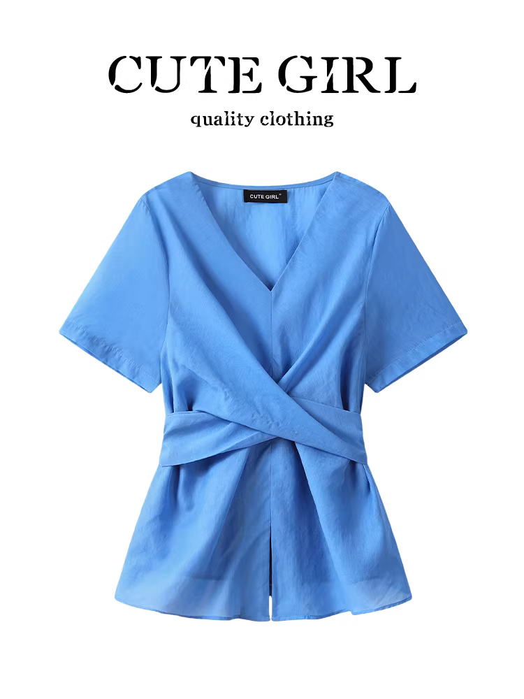 Áo sơ mi nữ màu xanh cổ chữ V thắt nơ phong cách Hàn Quốc dễ thương, thiết kế mùa hè có tác dụng thon gọn eo và giảm béo.