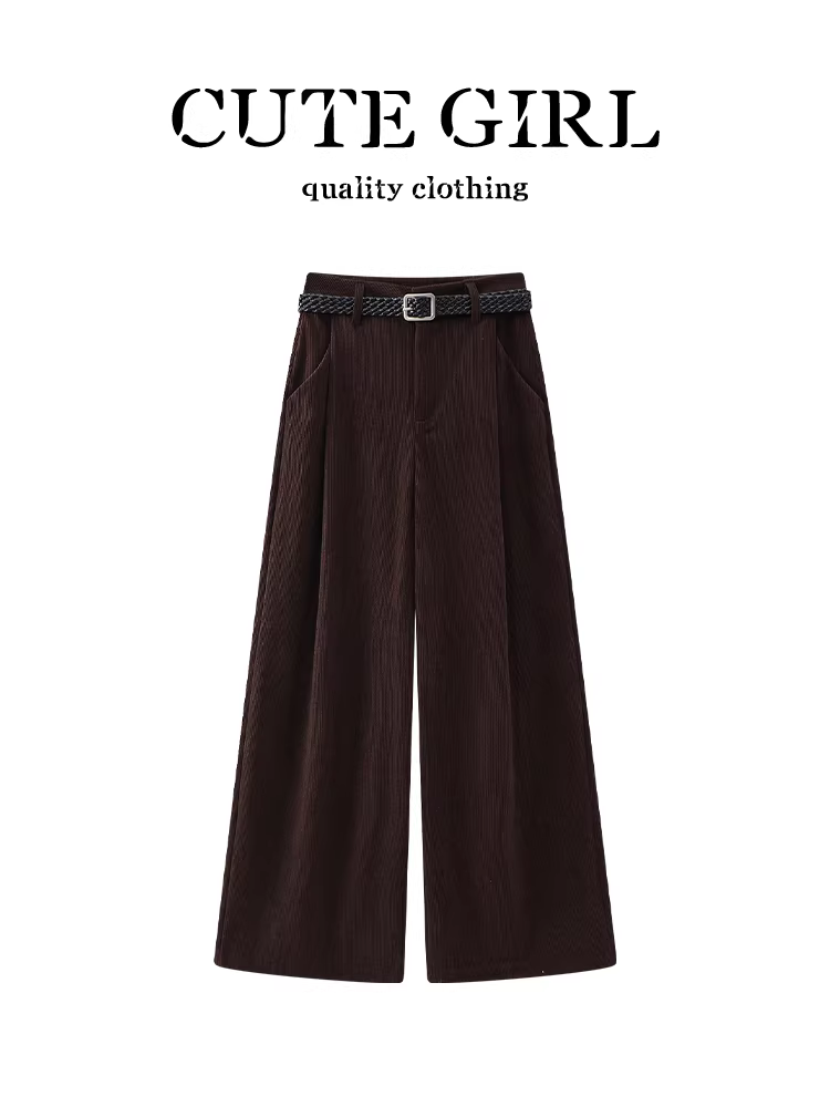 Quần âu ống đứng vải nhung màu nâu sẫm phong cách Hàn Quốc dành cho nữ, mùa thu đông, quần ống rộng cạp cao thon gọn dành cho người nhỏ nhắn
